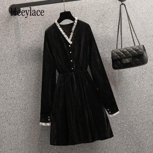 Plus Size Women Autumn Winter Dresses French Vintage Black velvet dress Female Long Sleeve V Neck High Waist A-line Vestidos 4XL