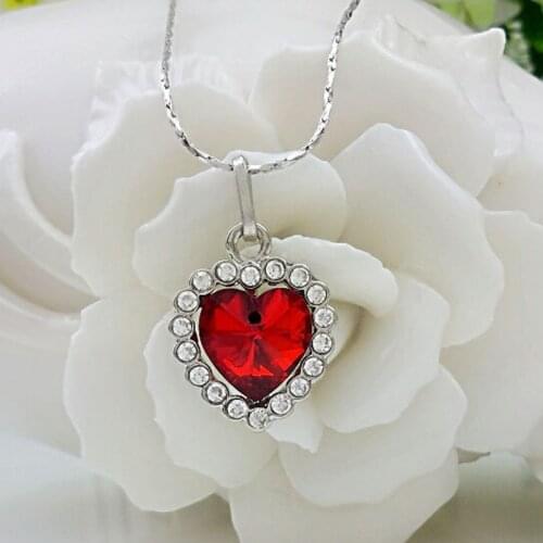 Romantic Jewelry Silver Necklaces Fashion Red Blue Heart Crystal Zircon Pendant Necklace for Women Female Love Gift