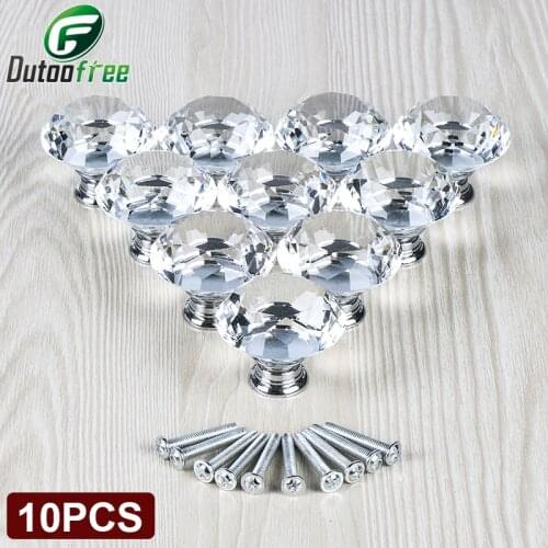 10PCS 40MM Clear Crystal Glass Diamond Cut Door Knobs Kitchen Cabinet Drawer knobs+Screw Home Decorating