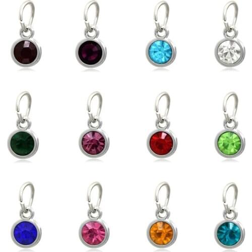 12pcs Round Silver Color Birthstone DIY Birthday Stones 12 Months Alloy Size 7*15mm Charms Pendants with Open Circle
