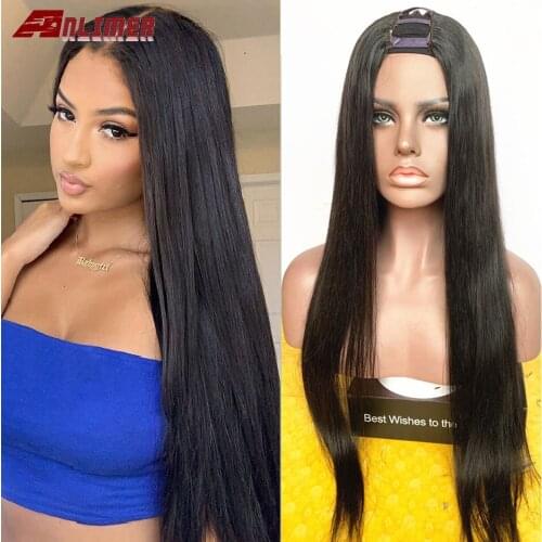 150 Density Human Hair Silky Straight U Part Wig Brazilian Remy Middle Part 2*4'' U Part Wigs Full End with Elastic Band