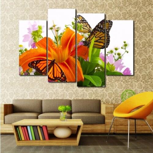 4 Panels 100% High Quality Hot Sell Lily and Butterfly Home Wall Decoration Modern Oil Painting on Canvas Unframed