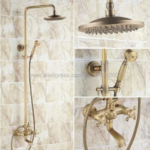 Antique Brass Rain Bathroom Shower Set Faucet W/Tub Faucet Mixer Tap Wall Mount Krs024