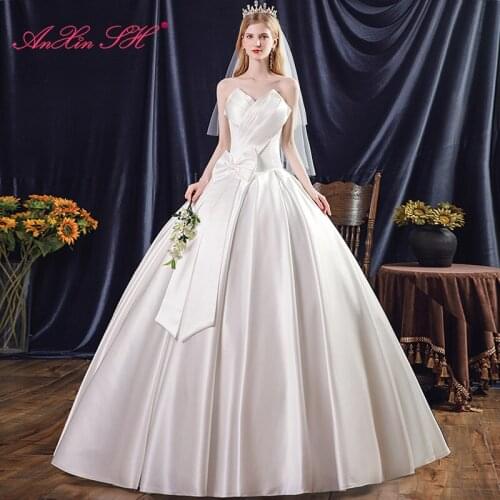 AnXin SH princess french retro white satin wedding dress vintage big bow strapless sleeveless ball gown bride wedding dress