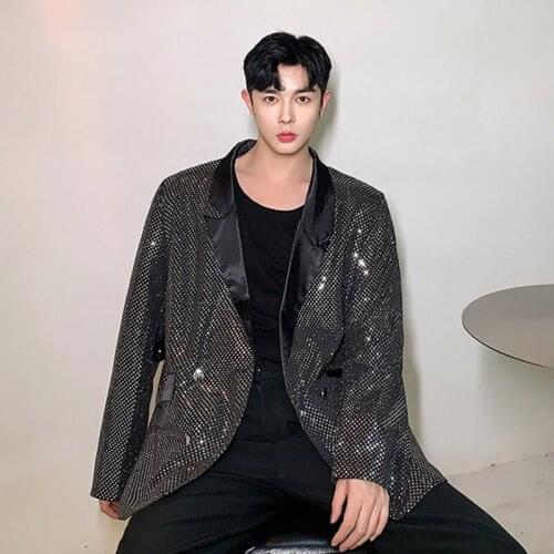 Silver Black Glitter Sequins Blazers Coat Nightclub Singer Vocal Concert Stage Costume Fashion Loose Casual Suit Jacket Autumn