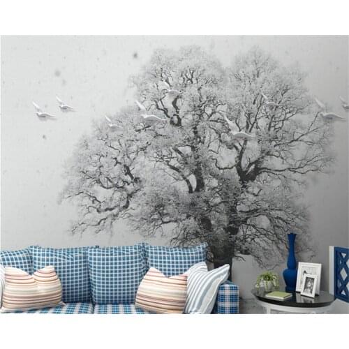 Wellyu Customized large mural home wallpaper Nordic black snow tree living room bedroom tree bird elk TV background 3D wallpaper