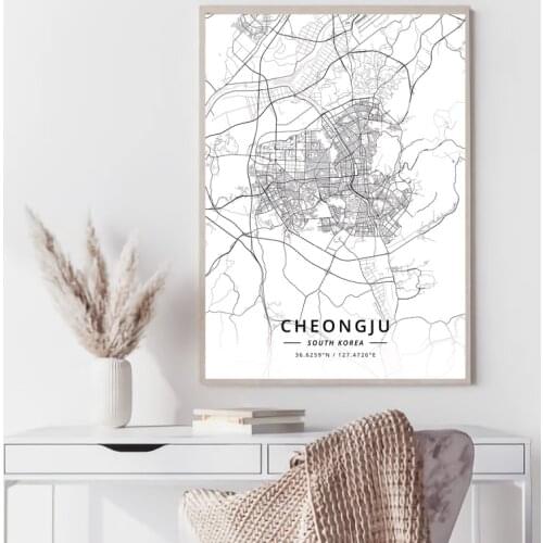 South Korea World map Cheongju Daegu Seoul black and white map poster print unframe poster office decoration