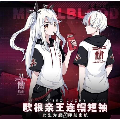 Anime Game Azur Lane Prinz Eugen Cosplay Hooded Short Sleeve T-Shirt Casual Fashion Student Fashion Men Women Tops Summer Hat