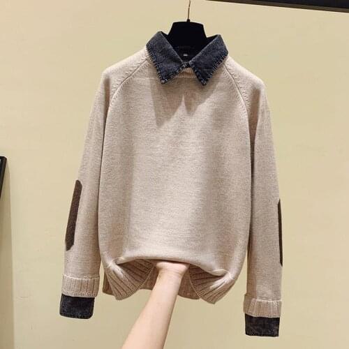 Fake two-piece shirt collar sweater women autumn and winter wear 2021 new loose outer wear hedging knit top fashion casual