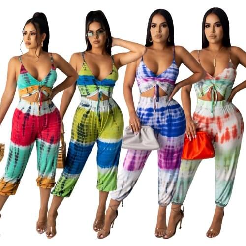 Tie dye printing summer casual jumpsuit drawstring hollow deep V-neck sleeveless spaghetti strappy one-piece overalls two t