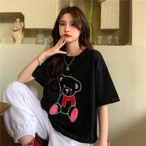 Summer loose hedging short-sleeved T-shirt with diamond applique all-match casual college style jacket women