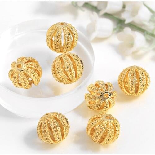 Mibrow 2pcs/lot 5 Styles Gold Color Copper Round Hollow Loose Spacer Charm Beads for DIY Bead Bracelet Jewelry Making Findings
