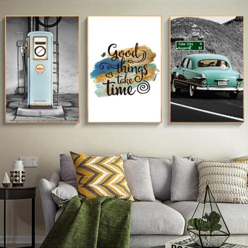 Nordic Style Wall Art Mural Painting Blue Classical Car Retro Pictorial Wall Poster Modern Home Living Room Decorative Painting