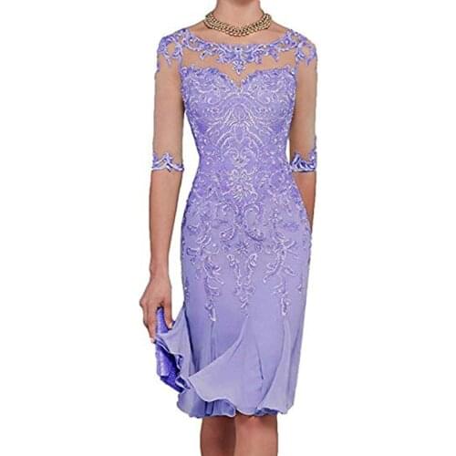 Lilac Half Sleeves Chiffon Mother of The Bride Dresses Lace Knee Length Mother Formal Dress Party Dinner Prom Dress 2020