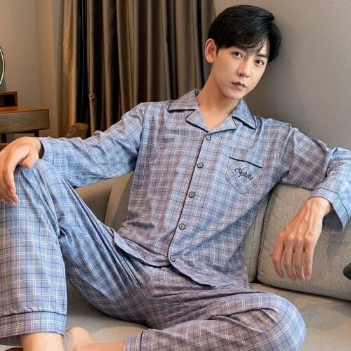 2021 New Autumn Casual Plaid Pajama Sets for Men Korean Long Sleeve Loose Sleepwear Suit Pyjama Male Loungewear Homewear Clothes