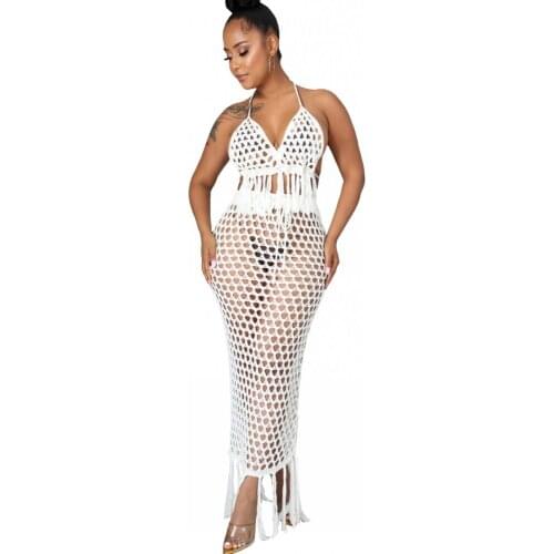Sexy Tassel Crochet Knitted Beach Cover Up Tie See-through Beachwear Tunic Long Pareos Summer Swimsuit Bikini Beach Dress