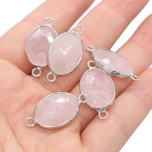 Charms 2pcs Natural Rose Quartzs Pendant Connectors Oval Shape Agates Pendant Connectors for Jewelry Necklace Making 14x27mm