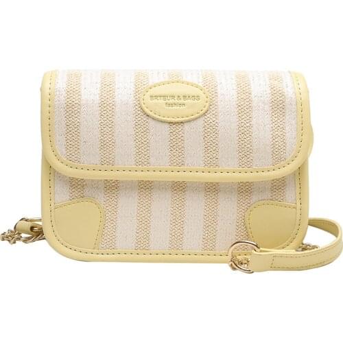 New Summer Straw Woven Bag Single Shoulder Cross Knitted Postman Bag Girls Feeling Pure Color Stripe Chain Fashion Womens Bag