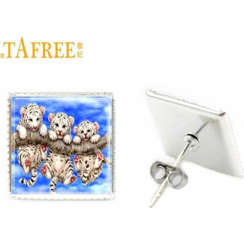 TAFREE cute animal square stud earrings women tiger glass stud earring mom gift jewlery E103