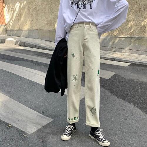 Spring New Women Jeans Christmas Print Letter Print Jeans Loose High Waist Wide-Leg Jeans Fashion Mens Casual Denim Trousers