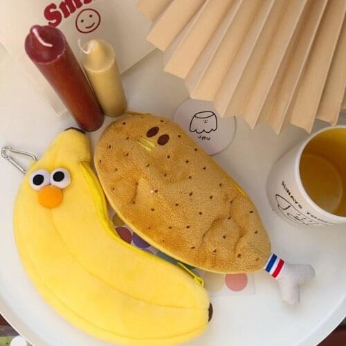 Large Capacity Pencil Pouch Cute Korean Pencil Bag Cute Chicken Leg Banana Plush Pencil Case Student Stationery Creative Gift
