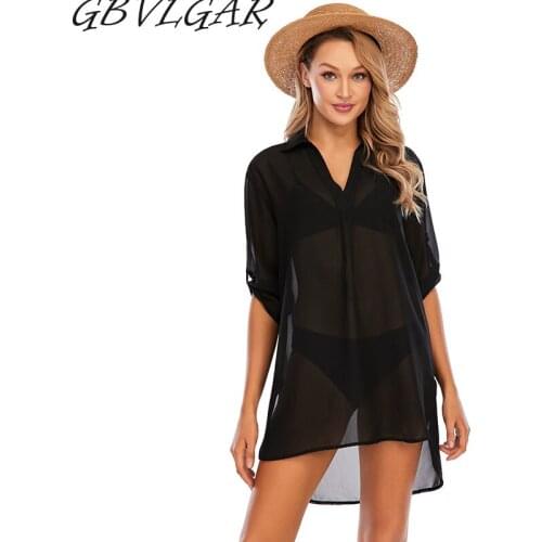 Women See Through Irregular Hem Chiffon Shirt 2021 Casual Turn Down Collar Blouse Shirt Ladies Loose Lantern sleeve Pullover Top