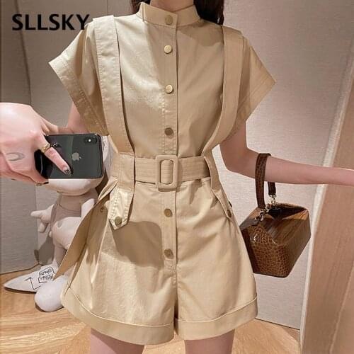 SLLSKY Safari Style Women Rompers High Waist Wide Leg Playsuit Female Summer Single Breasted Loose Overalls Fashion Playsuits