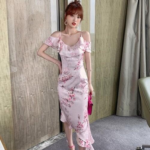 Fashion Korean Korean Casual Sexy Strap Sleeveless Midi Party Dress Ladies Elegant Coffee Break Retro Floral Ruffle Satin Dress