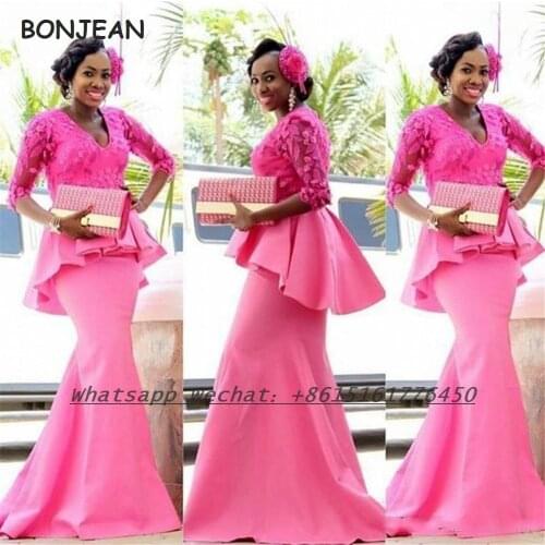 Pink Evening Dress Long 2021 Mermaid Lace Half Sleeves V Neck Mini Satin Formal Evening Gown for Women