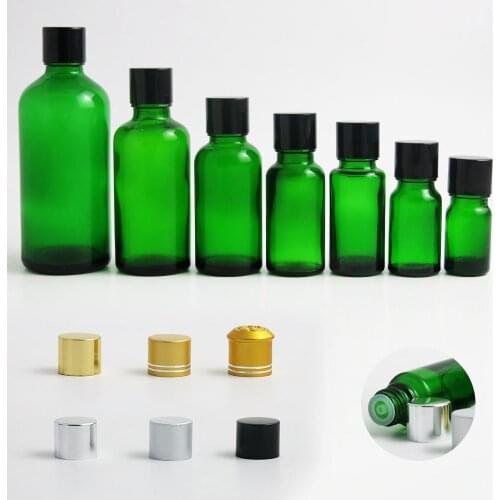 12 xTravel Empty Green glass essential oil bottle with aluminum lids cosmetic packging 100ml 50ml 1oz 2/3oz 1/2oz 1/3oz 5ml