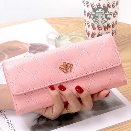 2020 New PU Womens Wallet Long 3 Fold Korean Hand Clutch Phone Bag Buckle Linger Crown Multiple Card Position Holder Wallet