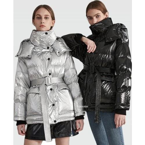 2021 Women Winter Thick Mid Length Waist White Duck Down Jacket Slim Belt Sliver Shiny Waterproof Puffer Parka Warm Overcoat