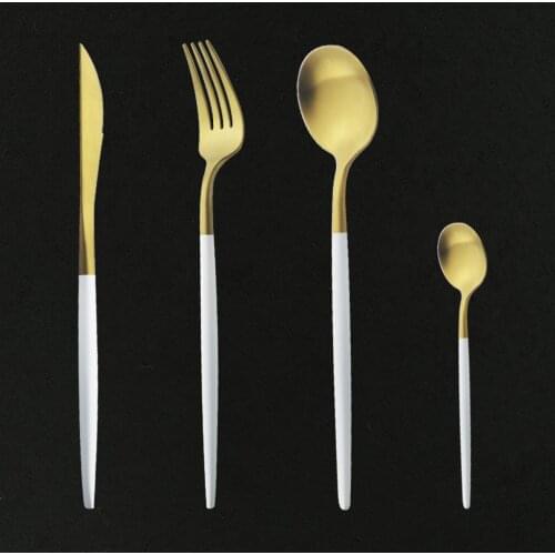 4Pcs Round Handle White Gold Dinnerware Set 18/10 Stainless Steel Knife Fork Spoon Cutlery Set Kitchen Tableware Flatware Set