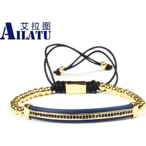 Ailatu Wholesale 10pcs/ot Mix Colors Long Brass Blue Tube Bar Watch Protector Cz Lace Up Bracelets For Cool Men