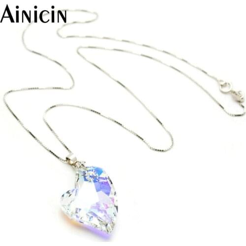 Ainicin High Quality Genuine Crystal Faceted Heart Shape Pendants Silver Box Chain Necklace for Women Jewelry