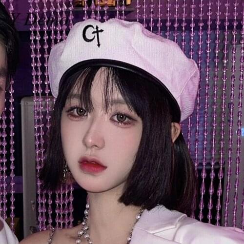 Y Demo Harajuku E-girl PU Leather Edge Beret Streetwear Moon Embroidery Corduroy Painter Hat Autumn Winter Couple