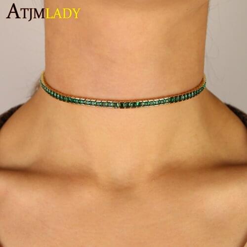 Rainbow green cz baguette cubic zirconia 4MM tennis chain choker necklace 30+10cm extend layers for women Bezel cz jewelry