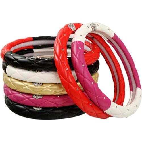 Leather Universal Car Steering-wheel Cover 38CM Diamond Blingbling Auto Steering Car Wheel Cover Woman Car-styling Accessories