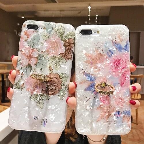 Retro Shell Pattern Rose Flower Pattern Ring Stand for IPhone 12 Case Shockproof Cover for 12 Mini 11 Pro Max XR XS Max Gift