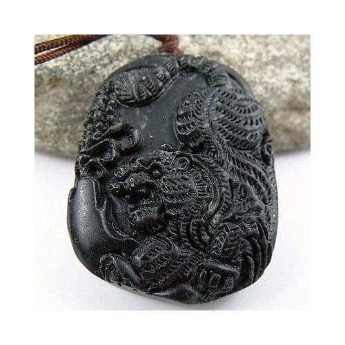 Black Green chalcedony The Tiger Makes Out Amulet Pendant NO. 239