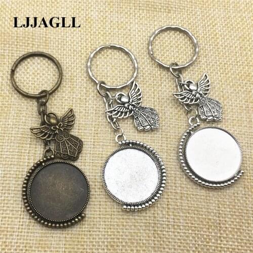 Holy Angel Charm Rhodium long Round Split Keyrings 3pcs 25mm Rotation Cameo Base Double Side Keychain Diy Jewelry Make AYSQ219