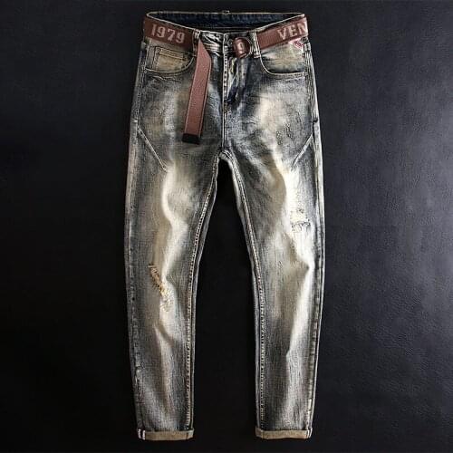 Italian Style Fashion Men Jeans Retro Elastic Slim Fit Ripped Jeans Men Embroidery Patchwork Designer Vintage Casual Denim Pants