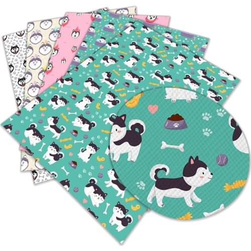 Husky Dog Cartoon Printed Faux Leather Animals Sheet for Bow Synthetic Leather DIY Decoration Crafts A4 22*30CM