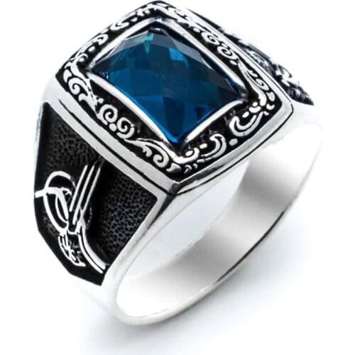 Blue Zircon Stone Ottoman Monogram Sterling Silver Ring