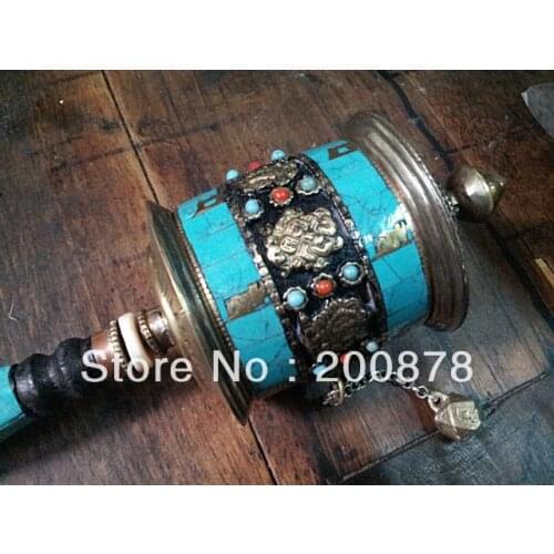 TBC863 Tibetan Mani hand Prayer Wheel,11'',carved brass Mani wheel,turquoise,wooden Turquoise handle
