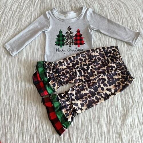 0-6year Baby Clothes Set Winter Christmas Tree Newborn Girls Gray Clothes Top 2PCS Baby Kids Leopard Clothing Sets