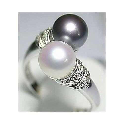 Hot Sell! Real Black White Freshwater Pearl Ring