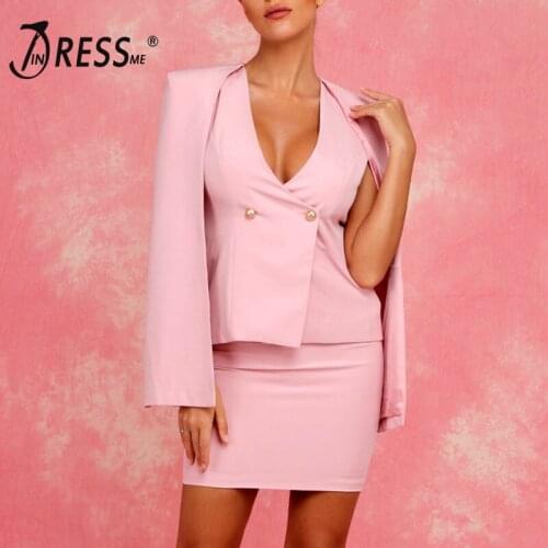 INDRESSME Fashion Women Suit Sets Sexy Tank Top With Long Sleeve Coat Bodycon Solid Mini Women Skirt Party Two Pieces Sets 2019