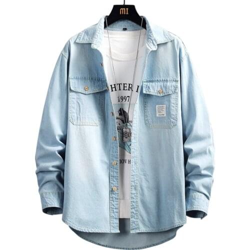 Mens Loose Denim Shirt Classic Casual Long Sleeve Jean Blouse Top