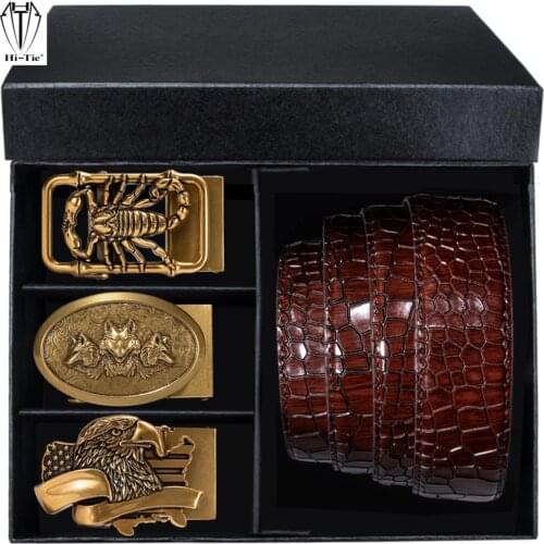 Novelty Boxed Mens Belts Set Gold Wolf Tiger Eagle Scorpion Cobra Automatic Buckles Burgundy Emboss Leather Belt for Men Wedding